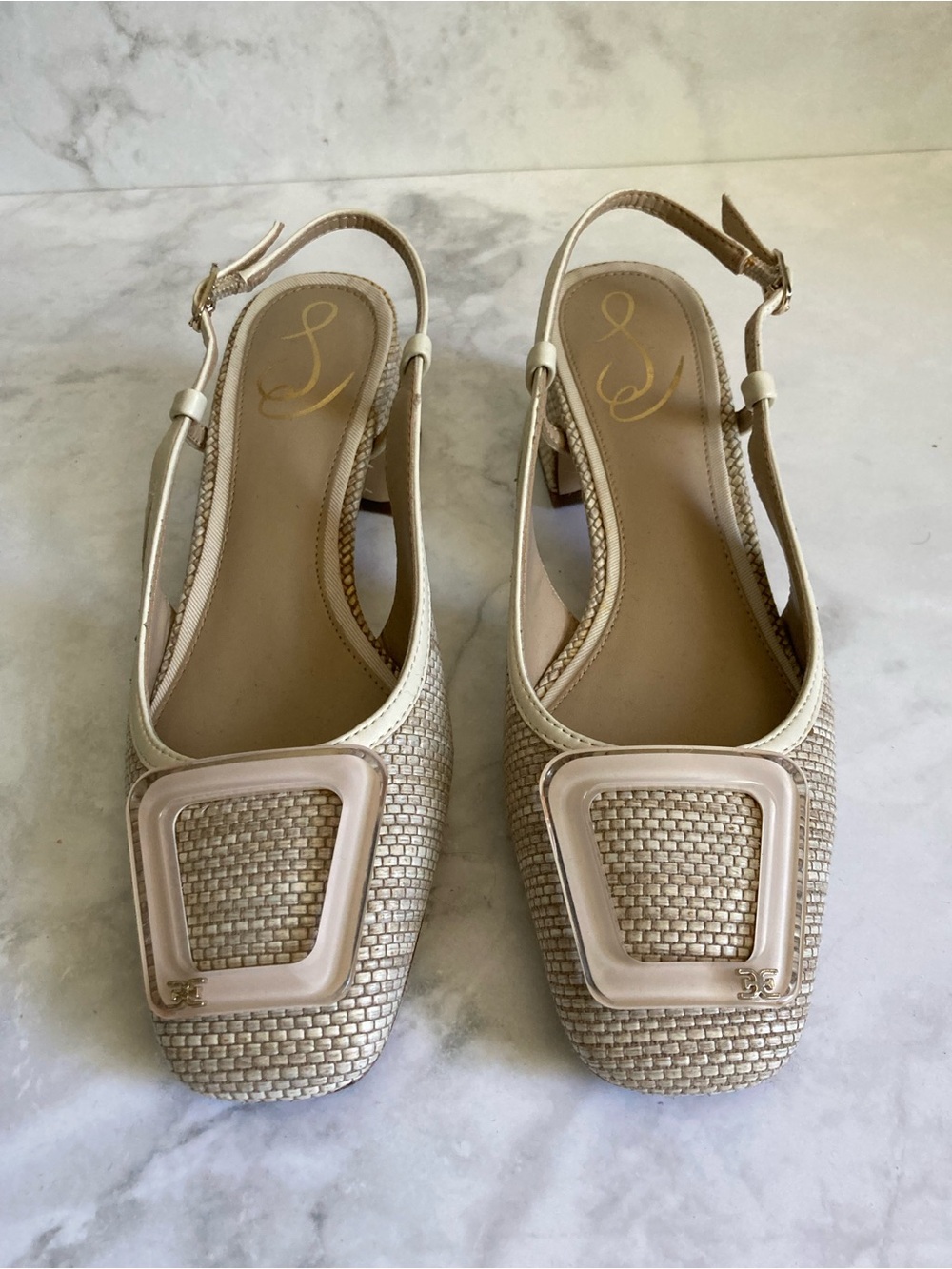 Sam Edelman Beige Woven Slingback Block-Heel Pumps - Picture 3 of 9